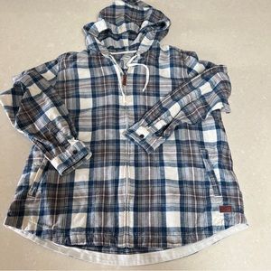 LL Bean Shirt Womens Size XL White Blue Plaid Flannel Relaxed Fit Zip Hoodie